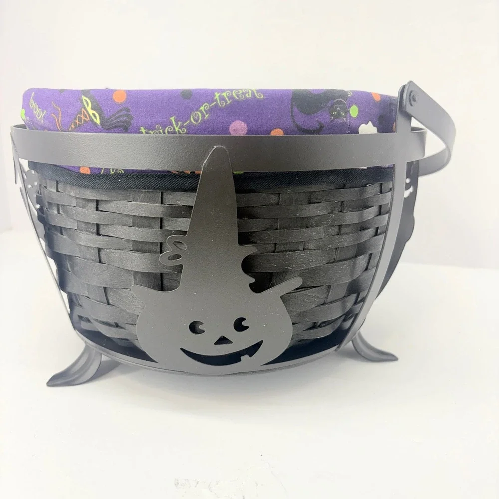 Longaberger Large Cauldron Basket Set Black Wrought Iron Holder Liner Protector